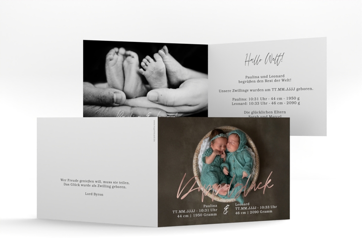 Geburtskarte Doppelglück A6 Klappkarte quer rosegold