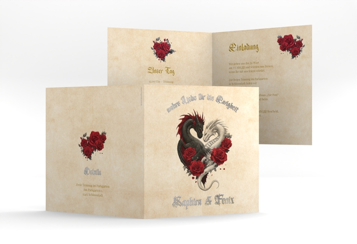 Hochzeitseinladung Drachenliebe quadr. Klappkarte silber mit schwarzem und weißem Drachen zu einem Herz verschlungen