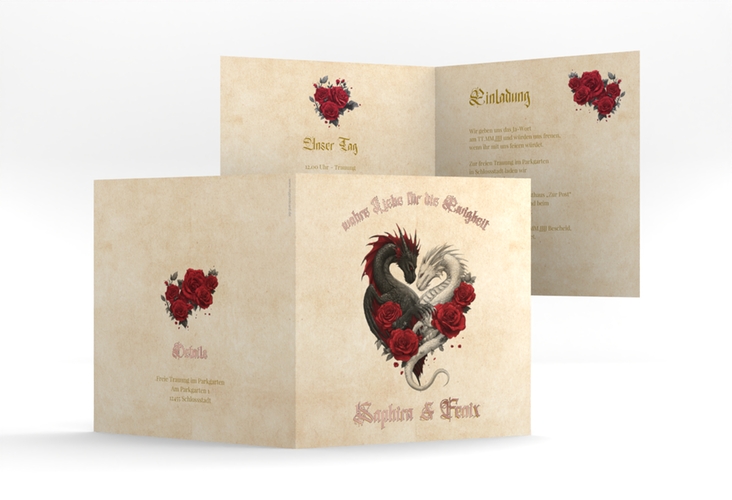 Hochzeitseinladung Drachenliebe quadr. Klappkarte rosegold mit schwarzem und weißem Drachen zu einem Herz verschlungen