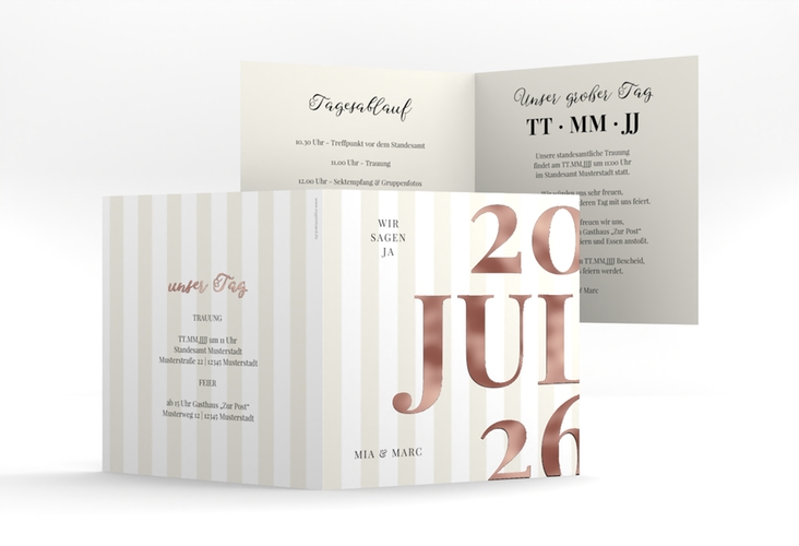 Hochzeitseinladung Streifen quadr. Klappkarte rosegold