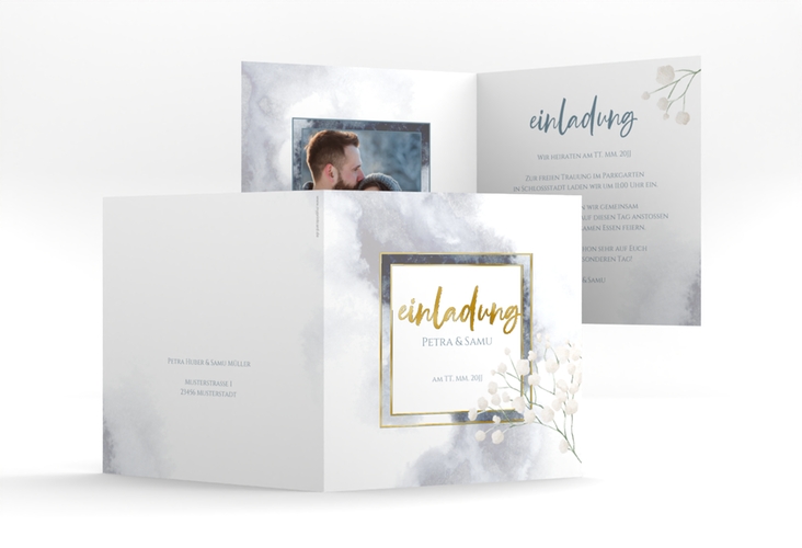 Hochzeitseinladung Winter quadr. Klappkarte gold mit Schleierkraut