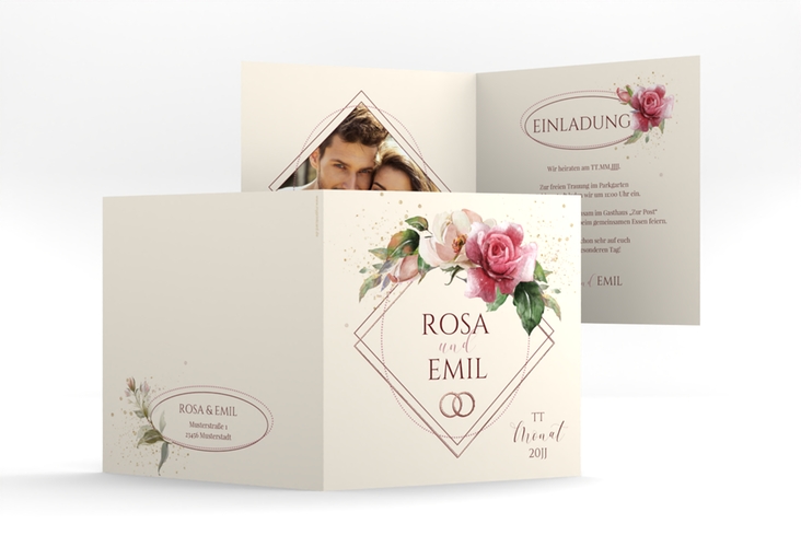 Hochzeitseinladung Rosenbogen quadr. Klappkarte rosegold