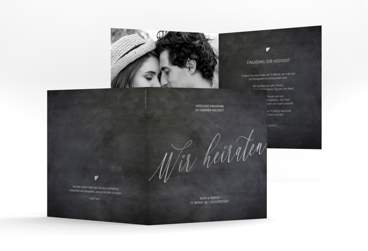 Hochzeitseinladung Chalkboard quadr. Klappkarte silber mit Folienveredelung