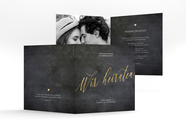 Hochzeitseinladung Chalkboard quadr. Klappkarte gold mit Folienveredelung