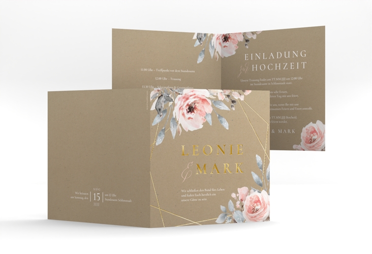 Hochzeitseinladung Perfection quadr. Klappkarte gold mit rosa Rosen