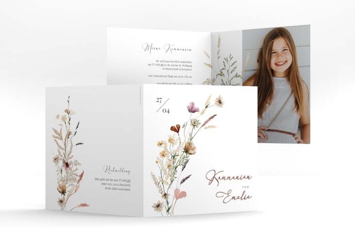Kommunionseinladung Blumensegen quadr. Klappkarte rosegold