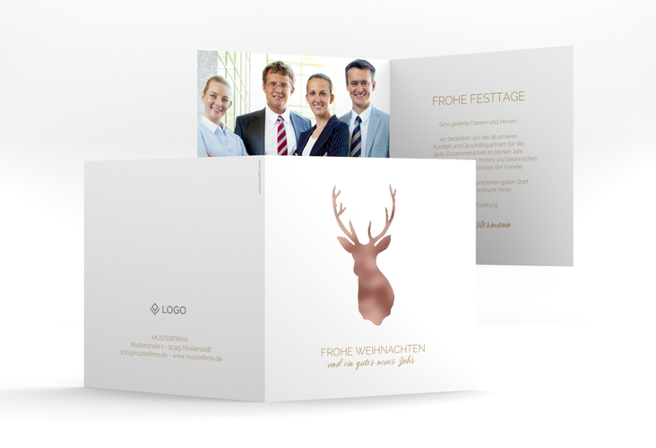 Business-Weihnachtskarte Deer quadr. Klappkarte rosegold und weiß mit Hirsch-Motiv