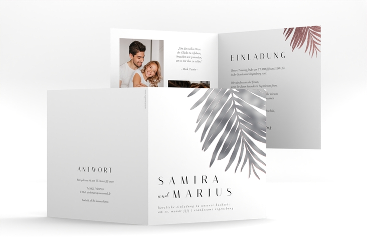 Hochzeitseinladung Palmenblatt quadr. Klappkarte silber mit Palmenwedel