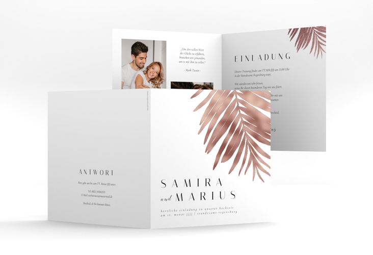 Hochzeitseinladung Palmenblatt quadr. Klappkarte rosegold mit Palmenwedel
