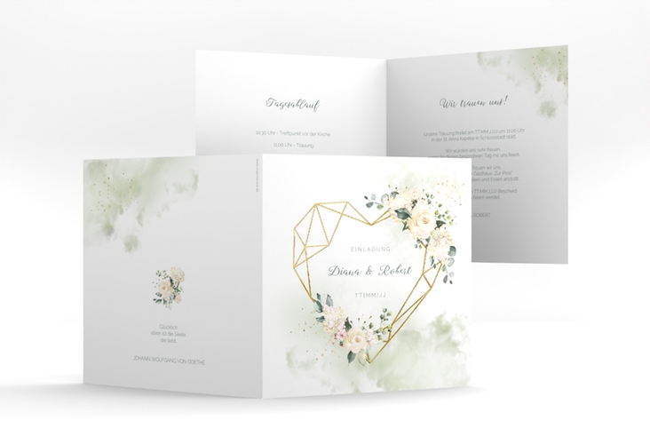 Hochzeitseinladung Adore quadr. Klappkarte gold mit geometrischem Herz und Rosen in Aquarell