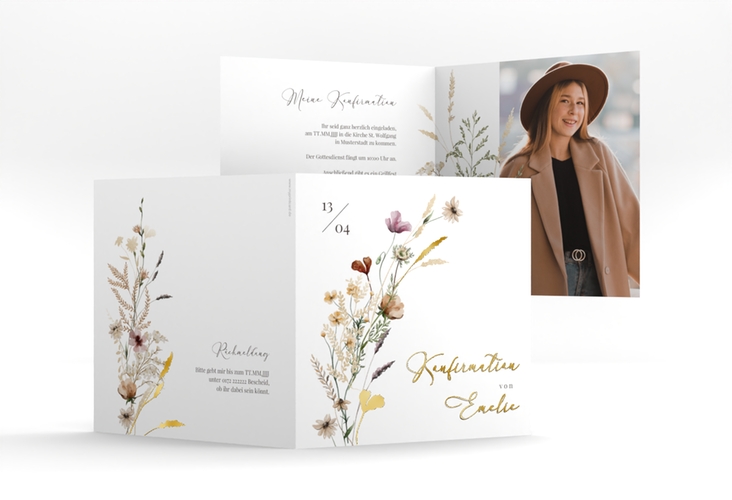 Konfirmationseinladung Aufblühen quadr. Klappkarte gold