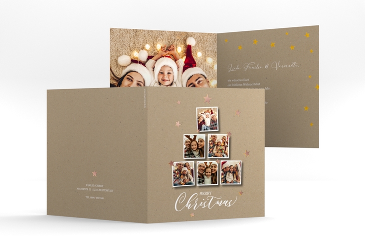 Weihnachtskarte Goldsterne quadr. Klappkarte rosegold mit sechs Fotos