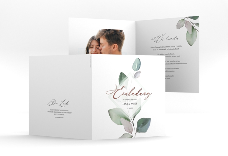 Hochzeitseinladung Foglia quadr. Klappkarte rosegold edel mit Eukalyptus im Aquarell-Design