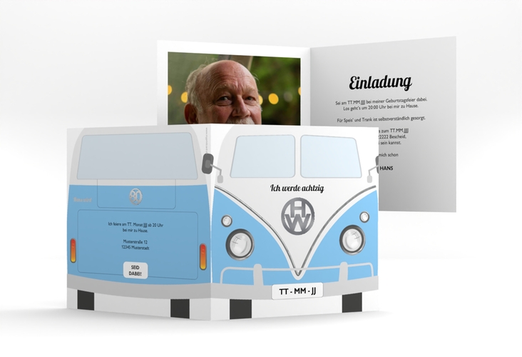 Einladung 80. Geburtstag Bulli Bus quadr. Klappkarte silber