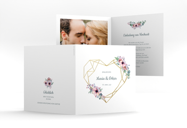 Hochzeitseinladung Herzgold quadr. Klappkarte gold