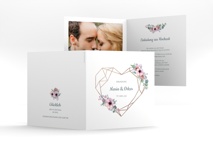 Hochzeitseinladung Herzgold quadr. Klappkarte rosegold