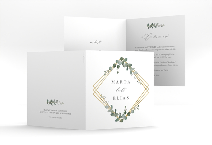Hochzeitseinladung Eukalyptus quadr. Klappkarte gold