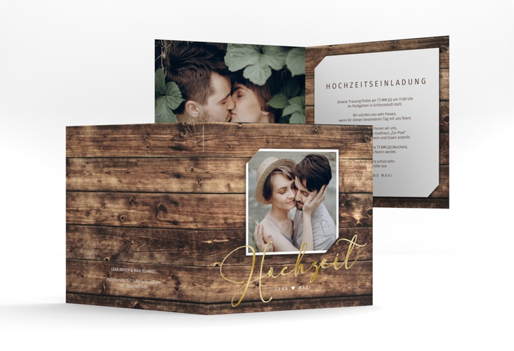 Hochzeitseinladung Rustic quadr. Klappkarte gold in Holz-Optik mit Foto