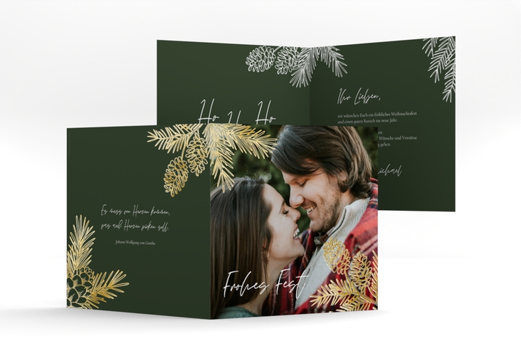 Weihnachtskarte Tannengrün quadr. Klappkarte gold mit Kranz aus Stechpalme