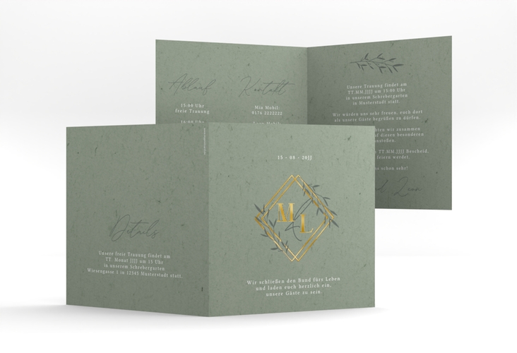 Hochzeitseinladung Greenletter quadr. Klappkarte gold mit Initialen in elegantem Goldrahmen mit Blättern