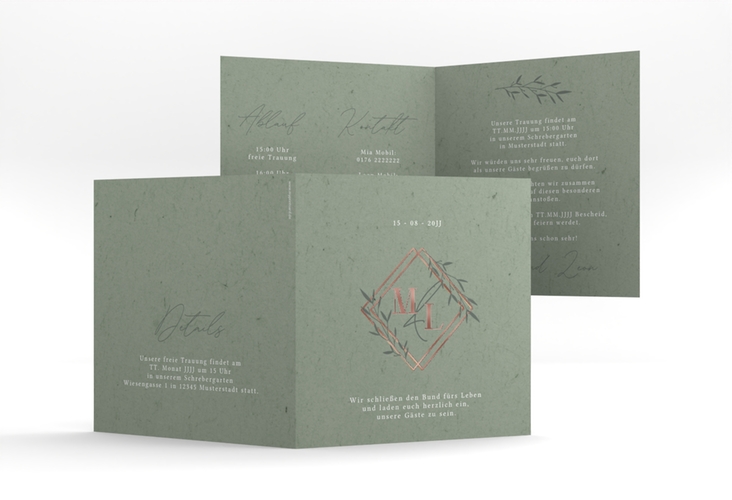 Hochzeitseinladung Greenletter quadr. Klappkarte rosegold mit Initialen in elegantem Goldrahmen mit Blättern