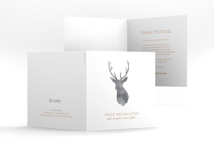 Business-Weihnachtskarte Deer quadr. Klappkarte silber und weiß mit Hirsch-Motiv