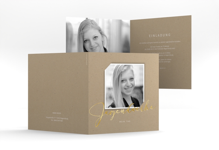 Einladung Jugendweihe Santo quadr. Klappkarte gold im Kraftpapier-Look mit Foto