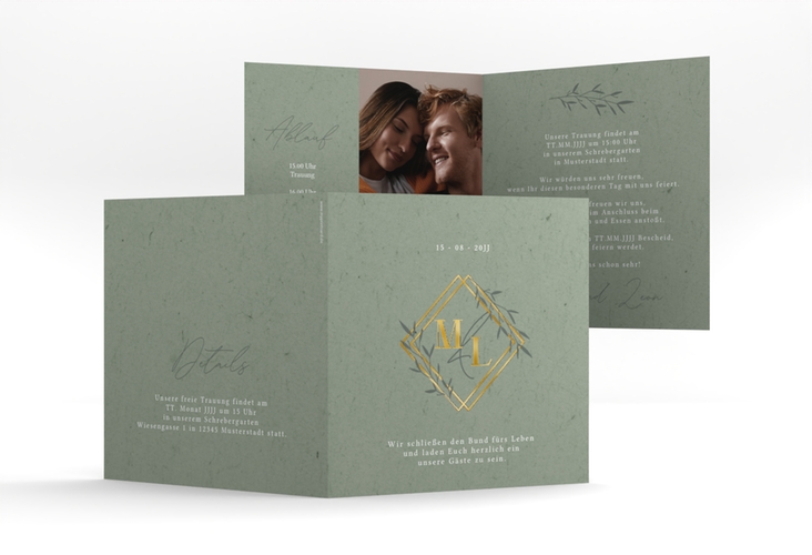 Hochzeitseinladung Greenletter quadr. Klappkarte gold mit Initialen in elegantem Goldrahmen mit Blättern