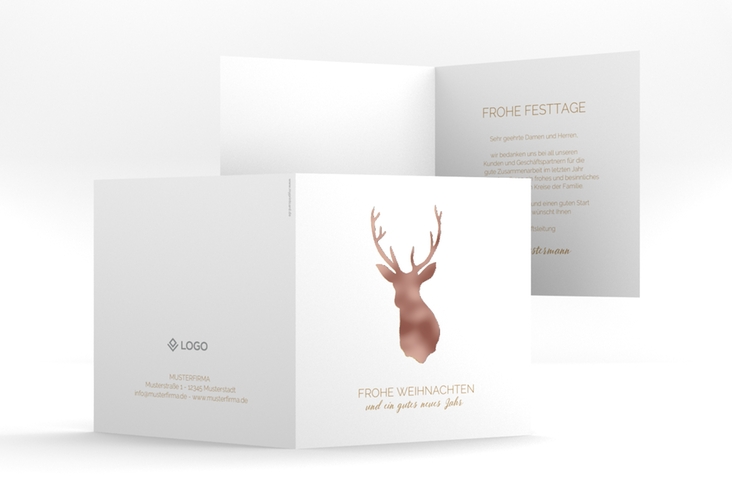 Business-Weihnachtskarte Deer quadr. Klappkarte rosegold und weiß mit Hirsch-Motiv