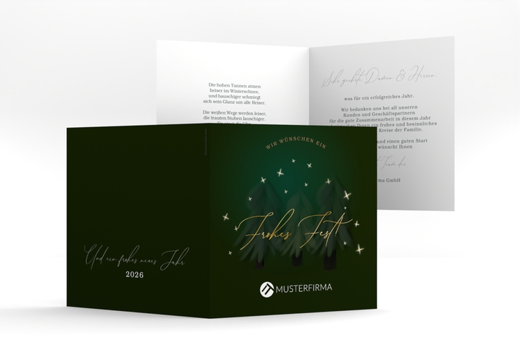 Geschäftliche Weihnachtskarte Tannentrio quadr. Klappkarte gold