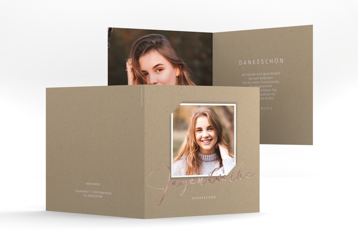 Danksagung Jugendweihe Santo quadr. Klappkarte rosegold in Kraftpapier-Optik mit Foto