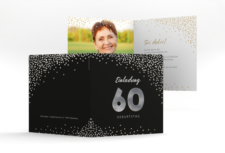 Einladung 60. Geburtstag Glitzer quadr. Klappkarte silber