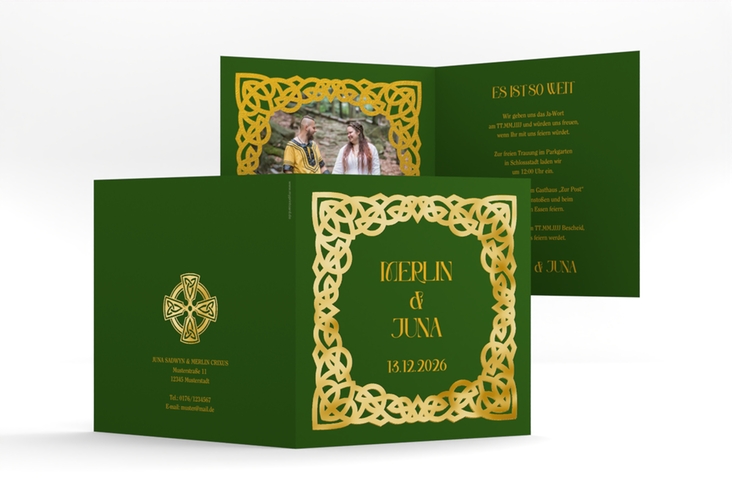 Hochzeitseinladung Celtic quadr. Klappkarte gold mit keltischem Knoten in irischen Farben
