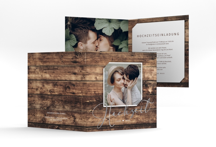 Hochzeitseinladung Rustic quadr. Klappkarte silber in Holz-Optik mit Foto