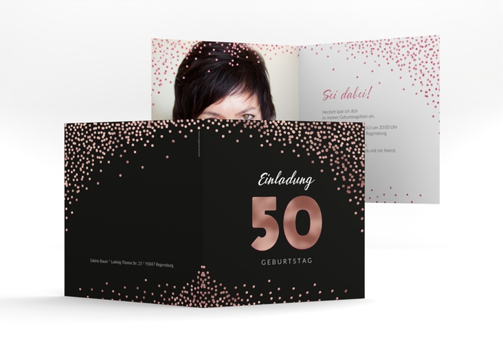 Einladung 50. Geburtstag Glitzer quadr. Klappkarte rosegold