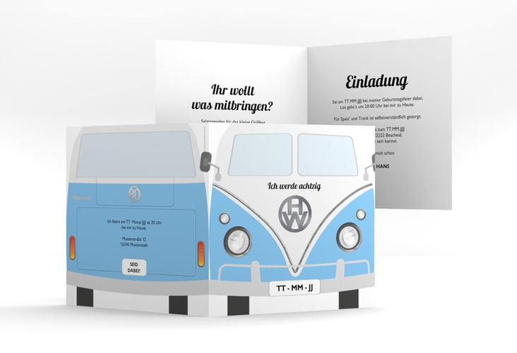 Einladung 80. Geburtstag Bulli Bus quadr. Klappkarte silber
