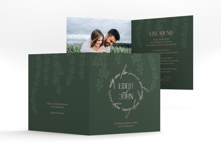 Hochzeitseinladung Efeugrün quadr. Klappkarte silber im Fantasy-Elfen-Design mit Efeu