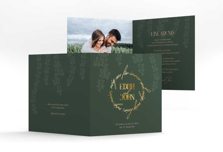 Hochzeitseinladung Efeugrün quadr. Klappkarte gold im Fantasy-Elfen-Design mit Efeu