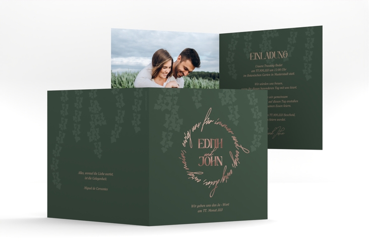 Hochzeitseinladung Efeugrün quadr. Klappkarte rosegold im Fantasy-Elfen-Design mit Efeu