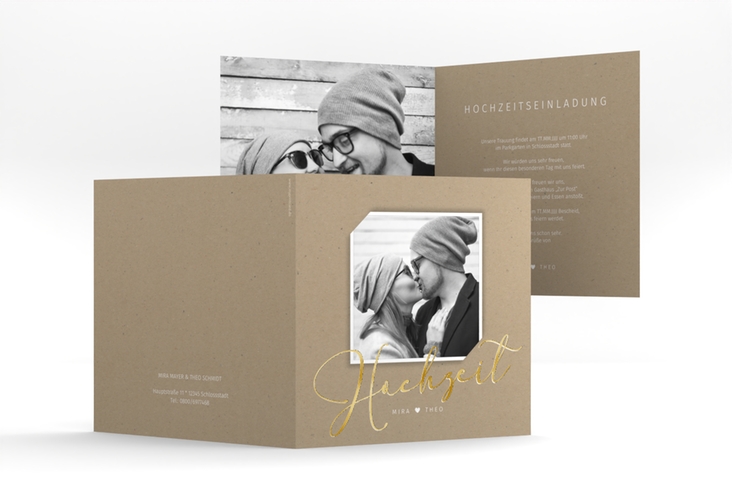 Hochzeitseinladung Crafty quadr. Klappkarte gold mit Foto