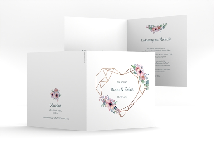 Hochzeitseinladung Herzgold quadr. Klappkarte rosegold