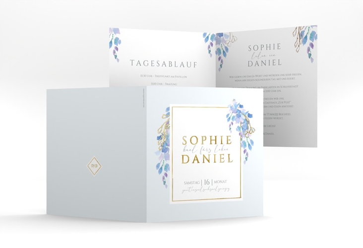 Hochzeitseinladung Blauregen quadr. Klappkarte gold mit Wisteria-Blüten