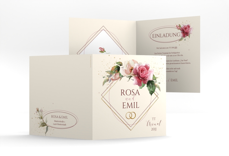 Hochzeitseinladung Rosenbogen quadr. Klappkarte gold