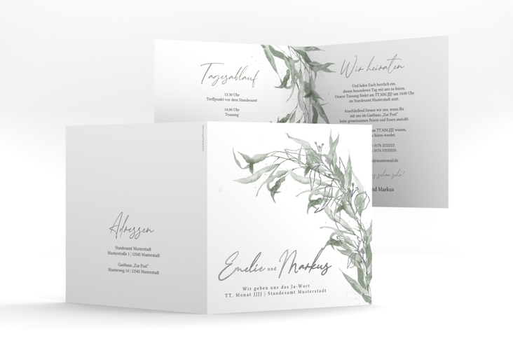 Hochzeitseinladung  Eucalyptus Green quadr. Klappkarte silber