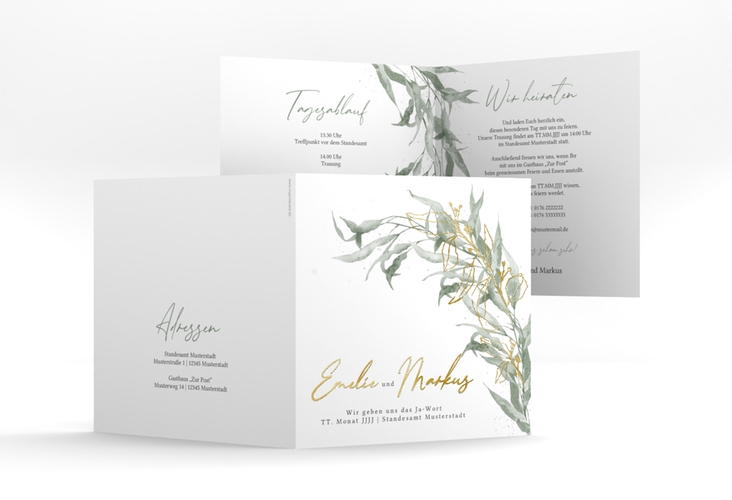 Hochzeitseinladung  Eucalyptus Green quadr. Klappkarte gold