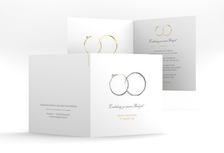 Hochzeitseinladung Trauringe quadr. Klappkarte silber minimalistisch gestaltet mit zwei Eheringen