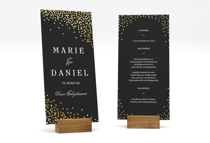 Menükarte Hochzeit Glitter lange Karte hoch schwarz gold