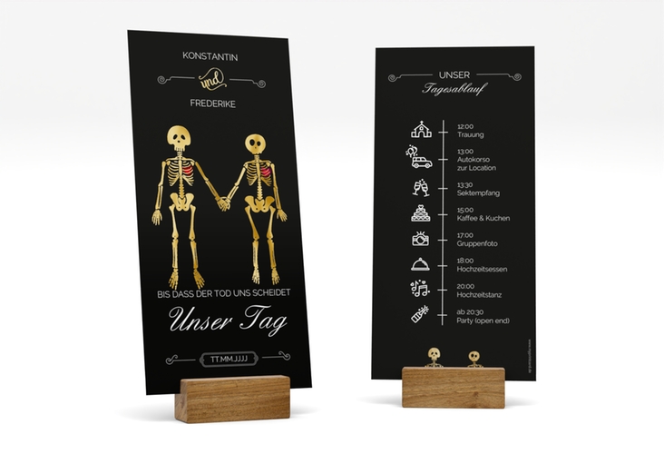 Tagesablauf Hochzeit Bones lange Karte hoch schwarz gold mit Skelett-Ehepaar im Cartoon-Stil
