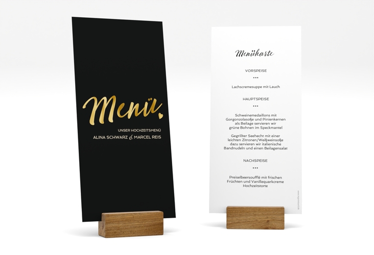 Menükarte Hochzeit Glam lange Karte hoch schwarz gold