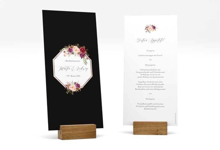 Menükarte Hochzeit Prachtvoll lange Karte hoch schwarz rosegold
